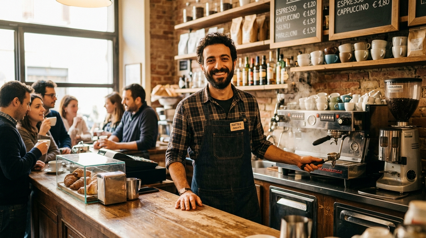 Barista sorridente nel suo locale con musica di sottofondo senza SIAE