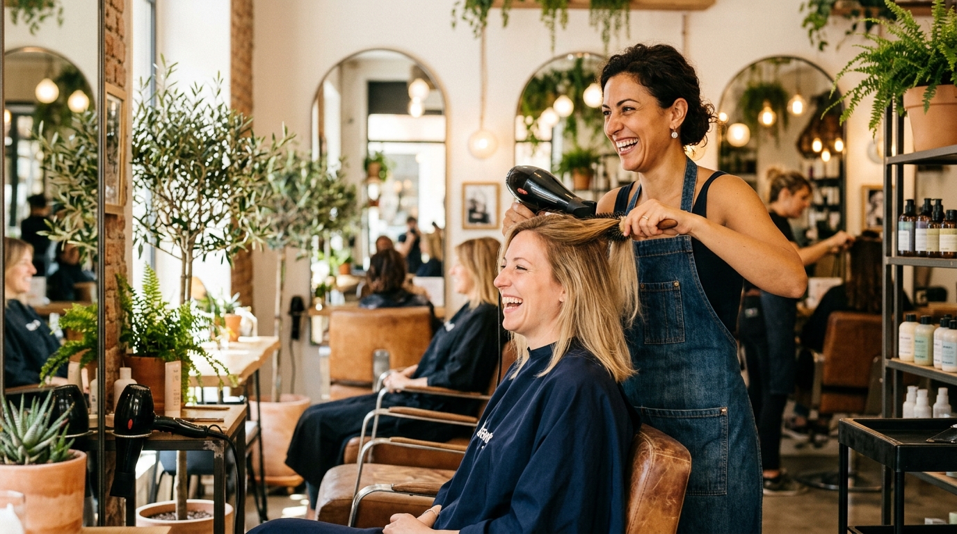 Parrucchiera sorridente nel suo salone con musica senza SIAE
