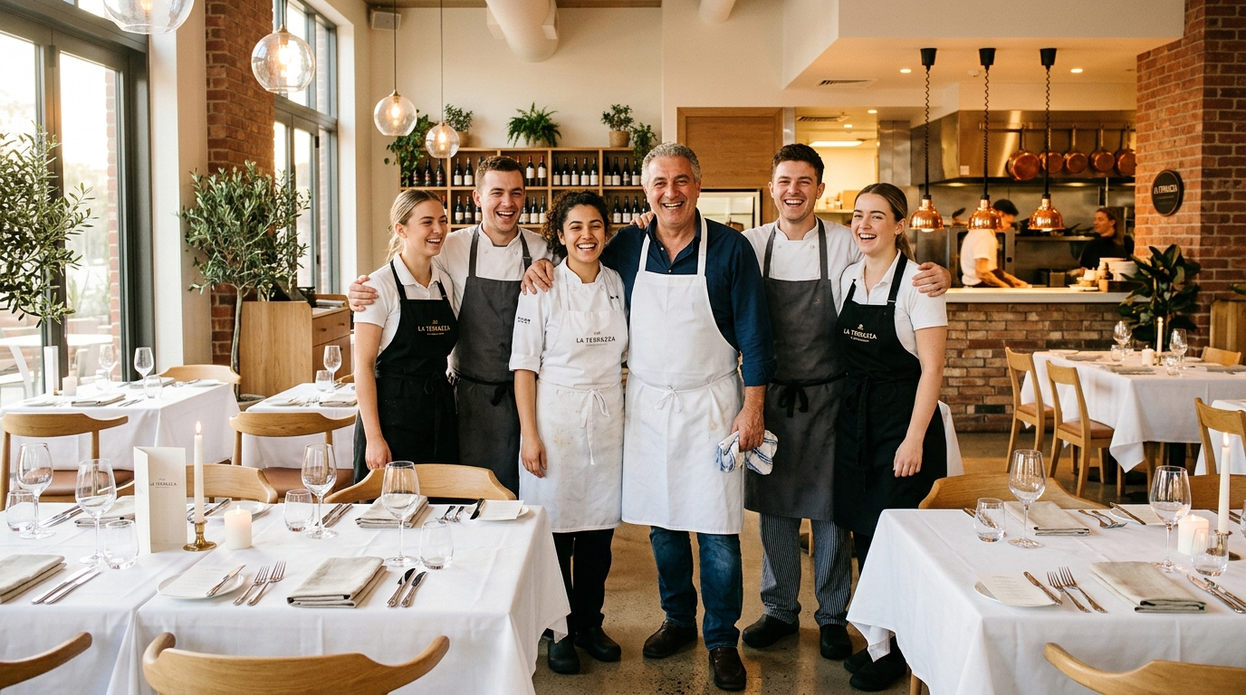 Team di ristorante italiano sorridente con musica di ambiente senza SIAE e SCF